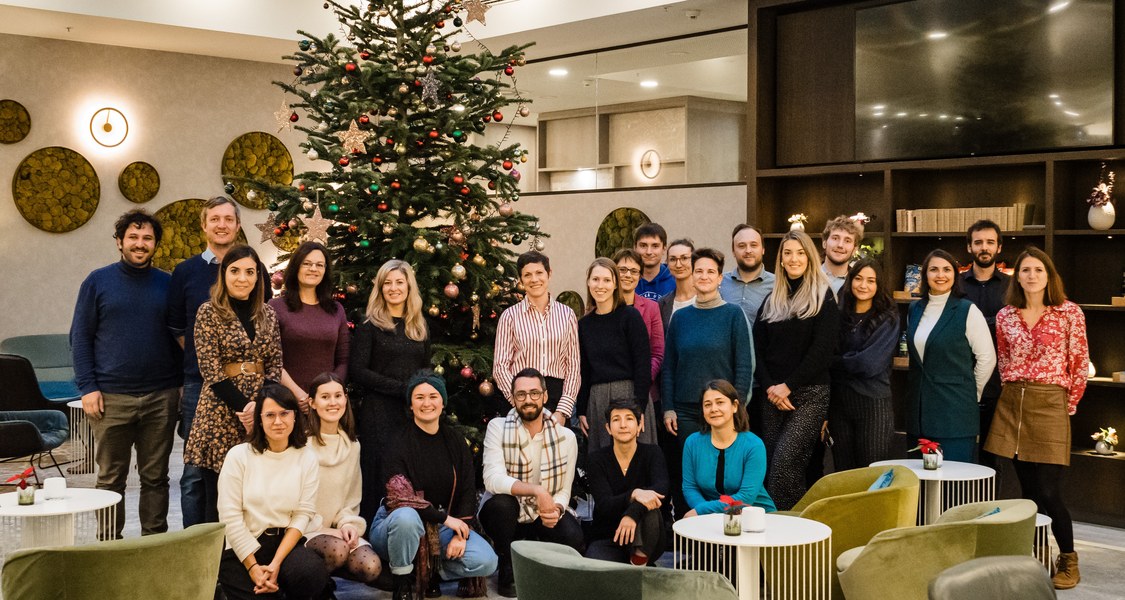 Participants of the EUPeace Communications Workshop gather in front of the christmas tree.
