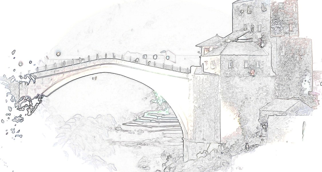 Mostar Bridge as a pencil sketch with some color highlights