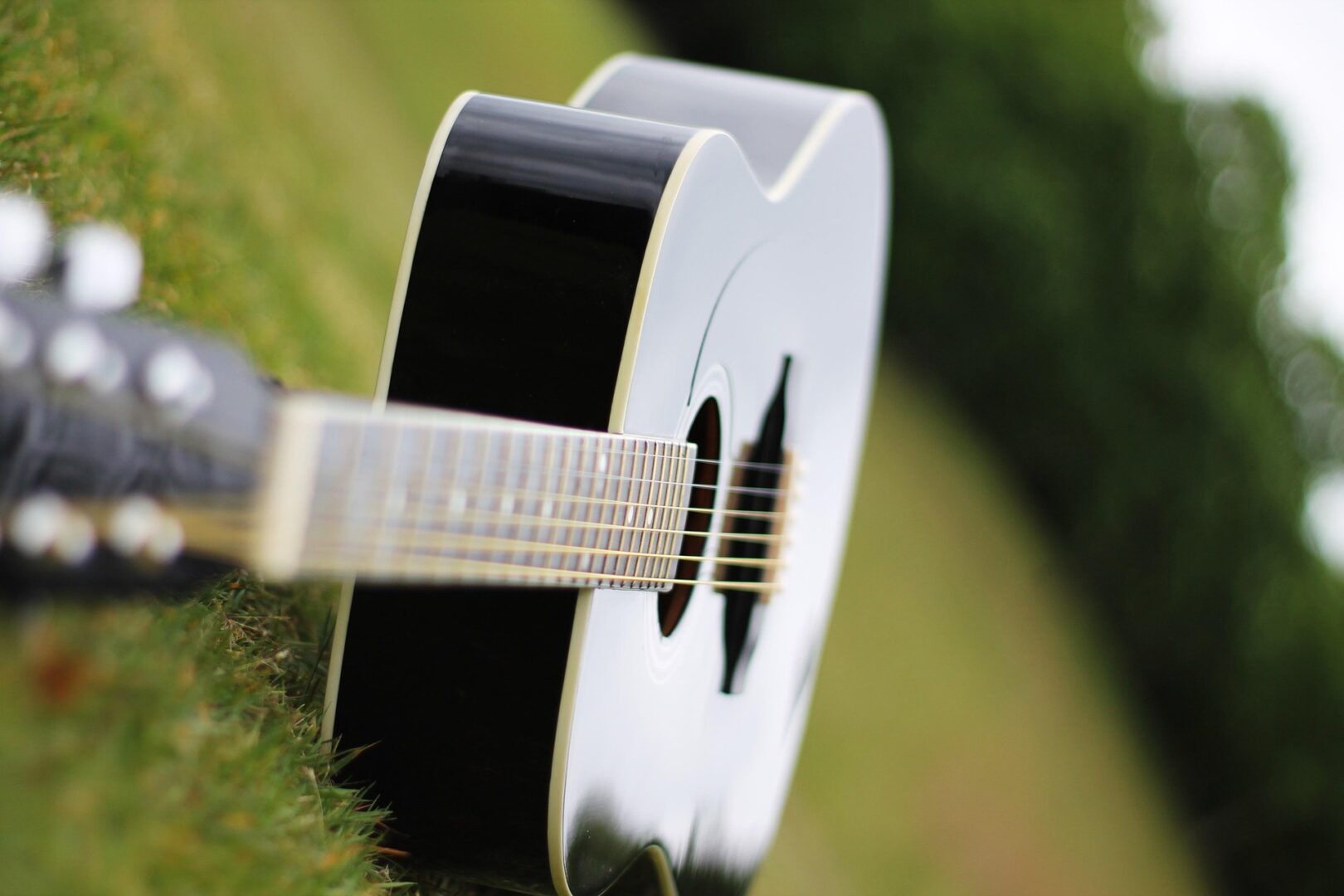 A classical guitar lying on the grass.