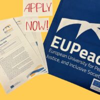 Application documents for the EUPeace Doctoral Mobility Grant 2026 on the left, a bag with the EUPeace logo on the right, and the text “Apply now!” displayed above.