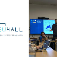 On the left the FOREEU4ALL logo and on the right a man giving a presentation in a small workshop room. He stand in front of a screen showing the EUPeace logo as well as the member universities' location on a map.