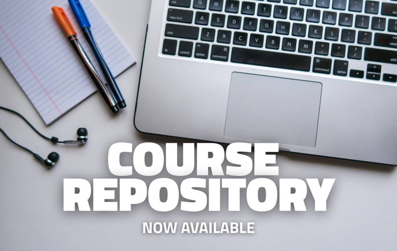 Headphones, a notepade, two pens and a laptop keyboard are seen from above. In the center, there is the name of the Course Repository, stating it is available now.