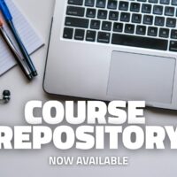Headphones, a notepade, two pens and a laptop keyboard are seen from above. In the center, there is the name of the Course Repository, stating it is available now.