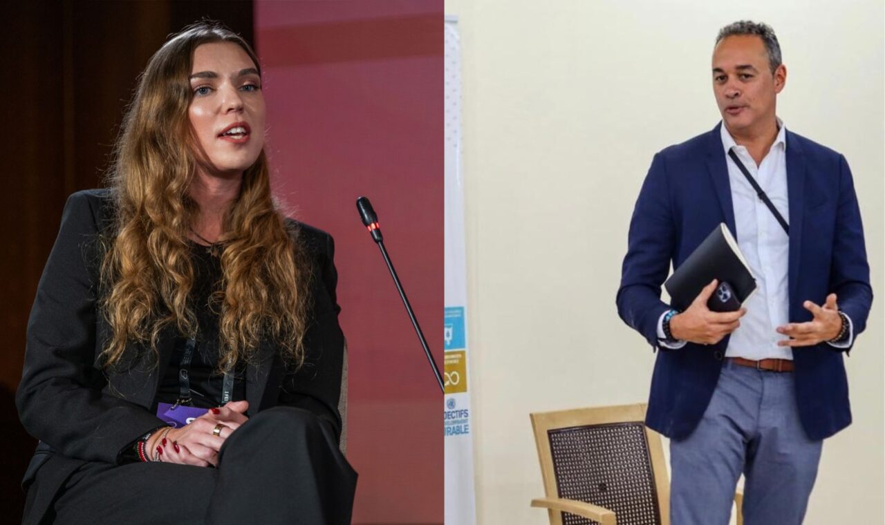 Two persons juxtaposed besides each other. On the left is Mariia Levchenko, sitting on a podium. On the right is Pascal da Rocha speaking in a workshop.