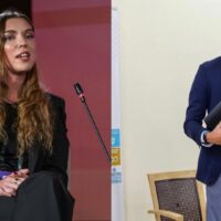 Two persons juxtaposed besides each other. On the left is Mariia Levchenko, sitting on a podium. On the right is Pascal da Rocha speaking in a workshop.