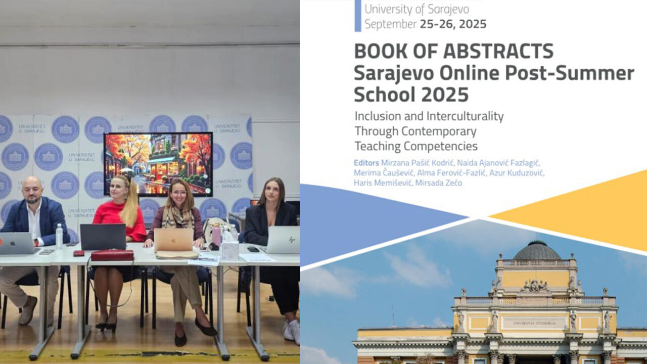 A collage of two images. On the left professors and administrative staff of UNSA sitting at a table with laptops in front of them. On the right a screenshot ofthe cover of the Book of Abstracts of the Sarajevo Online Post-Summer School 2025.