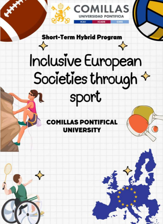 Promotional poster for the “Inclusive European Societies through Sport” program featuring sports icons, illustrations, and the Comillas Pontifical University logo.