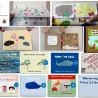 A collage of handcrafted storybooks and illustrations created by students, including drawings, and digital book covers, displayed as part of an educational storytelling project.