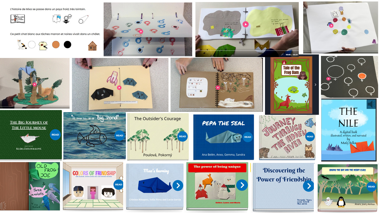 A collage of handcrafted storybooks and illustrations created by students, including drawings, and digital book covers, displayed as part of an educational storytelling project.