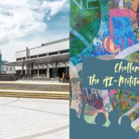 Exterior view of a modern university building with flags on the left, and a colourful collage with the title “Challenging the AI-Military Complex” on the right.