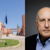 Collage showing a close-up view of the Ponte Pietro Bucci memorial stone at the University of Calabria campus in Rende, with the Italian and European Union flags prominently visible. International flags and the bridge walkway extend into the background between the campus buildings, and a portrait of Fulvio Attinà.