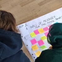 Two BIP participants kneel on the floor over a large sheet of paper covered in colourful sticky notes, titled "A Wall of Messages for the Future Teacher-Students".