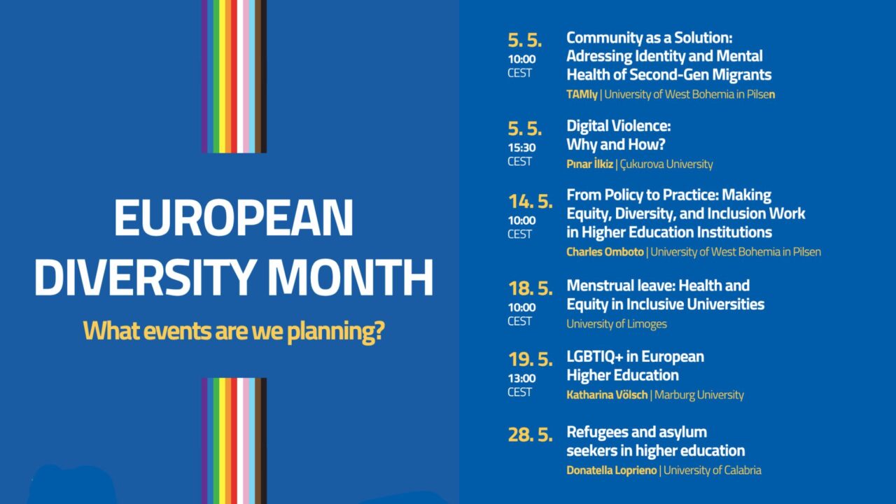 Event overview graphic for EUPeace European Diversity Month 2026, listing six lectures in May on topics including migration, digital violence, equity in higher education, menstrual leave, LGBTIQ+, and refugees. Events are organised by partner universities including University of West Bohemia in Pilsen, Çukurova University, University of Limoges, Marburg University, and University of Calabria.