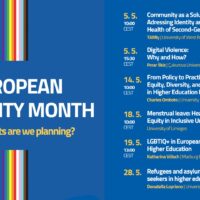 Event overview graphic for EUPeace European Diversity Month 2026, listing six lectures in May on topics including migration, digital violence, equity in higher education, menstrual leave, LGBTIQ+, and refugees. Events are organised by partner universities including University of West Bohemia in Pilsen, Çukurova University, University of Limoges, Marburg University, and University of Calabria.