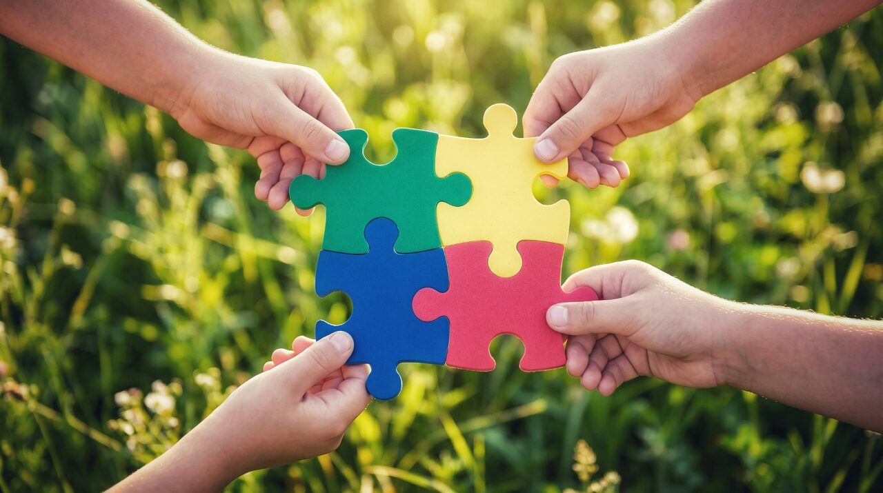 Four connected puzzle pieces, each being held by a hand. In the background is a blurry field of grass.