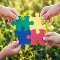 Four connected puzzle pieces, each being held by a hand. In the background is a blurry field of grass.