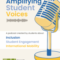 Poster for the EUPeace student podcast Amplifying Student Voices, featuring a large illustrated microphone and highlighting topics such as inclusion, student engagement, and international mobility.