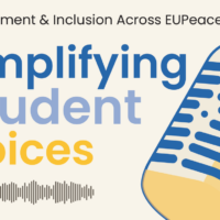 Poster for the EUPeace student podcast Amplifying Student Voices, featuring a large illustrated microphone and highlighting topics such as inclusion, student engagement, and international mobility.