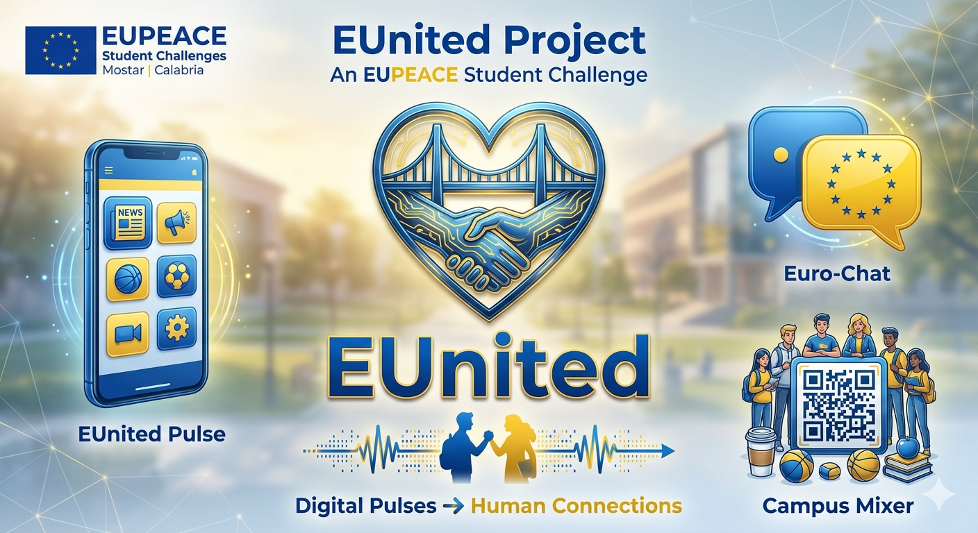 Promotional poster for the EUPeace EUnited Project, featuring a heart-shaped handshake logo, smartphone and chat icons, and illustrations of students connecting through digital and campus-based activities.