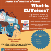 Poster for the student podcast EUVoices, featuring illustrated students recording audio content and information about an international student podcast project focused on peace, justice, inclusion, and shared interests.