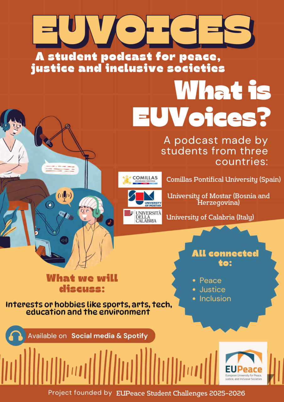 Poster for the student podcast EUVoices, featuring illustrated students recording audio content and information about an international student podcast project focused on peace, justice, inclusion, and shared interests.