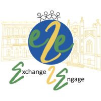 Logo for the EUPeace initiative Exchange 2 Engage, featuring a blue circular “e2e” symbol, stylised human figures, and illustrated university buildings in the background.