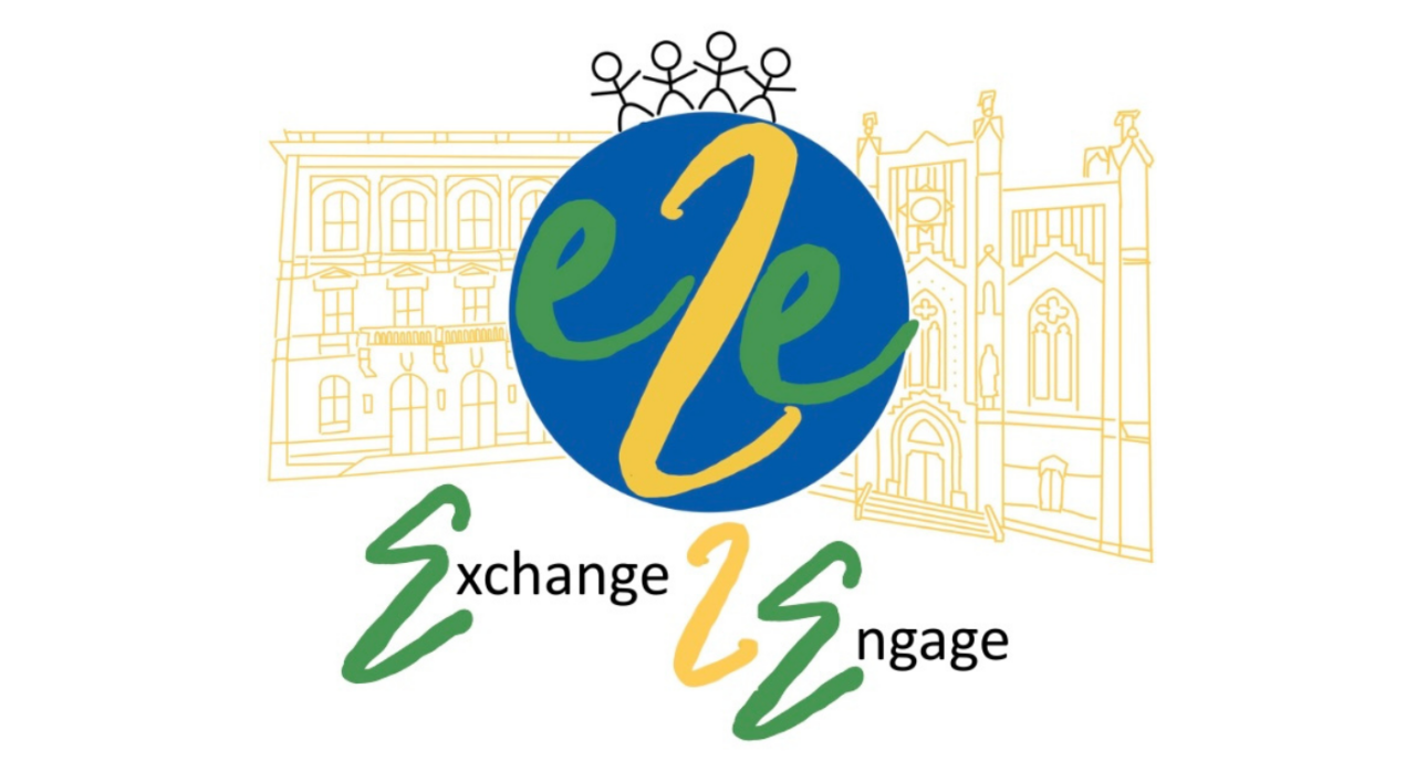 Logo for the EUPeace initiative Exchange 2 Engage, featuring a blue circular “e2e” symbol, stylised human figures, and illustrated university buildings in the background.