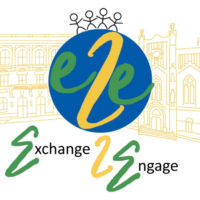 Logo for the EUPeace initiative Exchange 2 Engage, featuring a blue circular “e2e” symbol, stylised human figures, and illustrated university buildings in the background.