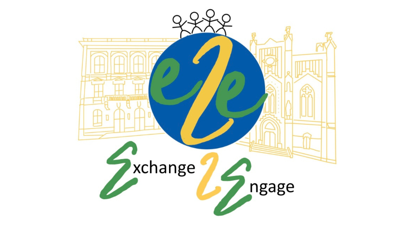 Logo for the EUPeace initiative Exchange 2 Engage, featuring a blue circular “e2e” symbol, stylised human figures, and illustrated university buildings in the background.