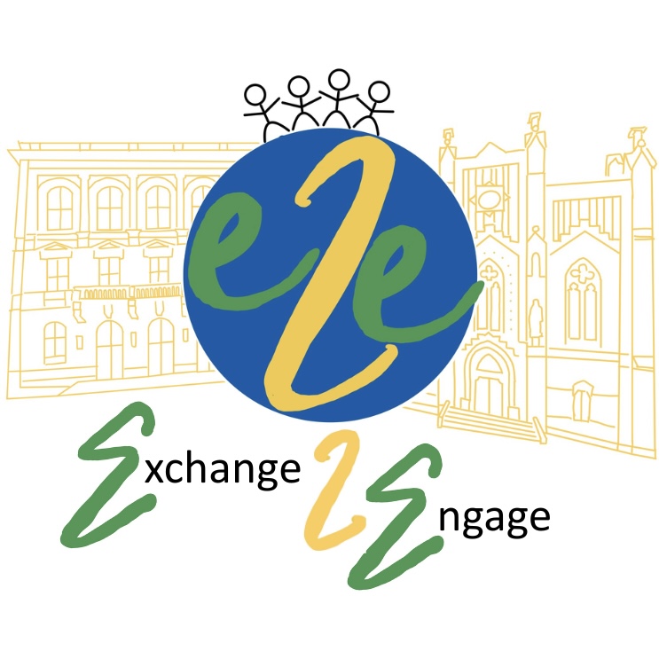Logo for the EUPeace initiative Exchange 2 Engage, featuring a blue circular “e2e” symbol, stylised human figures, and illustrated university buildings in the background.