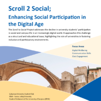 Poster for the EUPeace project Scroll 2 Social, featuring a photograph of a large historic bridge and information about promoting digital wellbeing, communication skills, and civic engagement among university students.