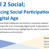 Poster for the EUPeace project Scroll 2 Social, featuring a photograph of a large historic bridge and information about promoting digital wellbeing, communication skills, and civic engagement among university students.
