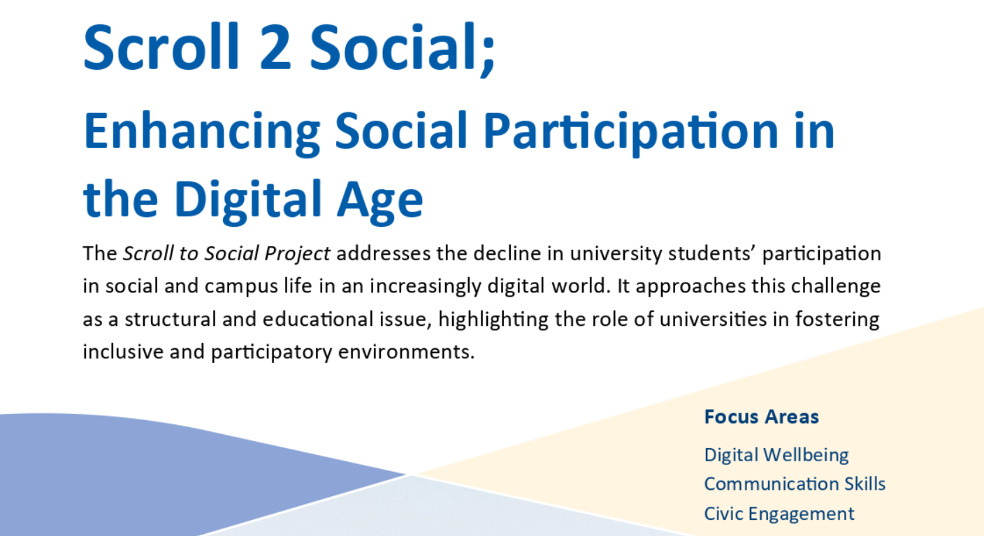 Poster for the EUPeace project Scroll 2 Social, featuring a photograph of a large historic bridge and information about promoting digital wellbeing, communication skills, and civic engagement among university students.