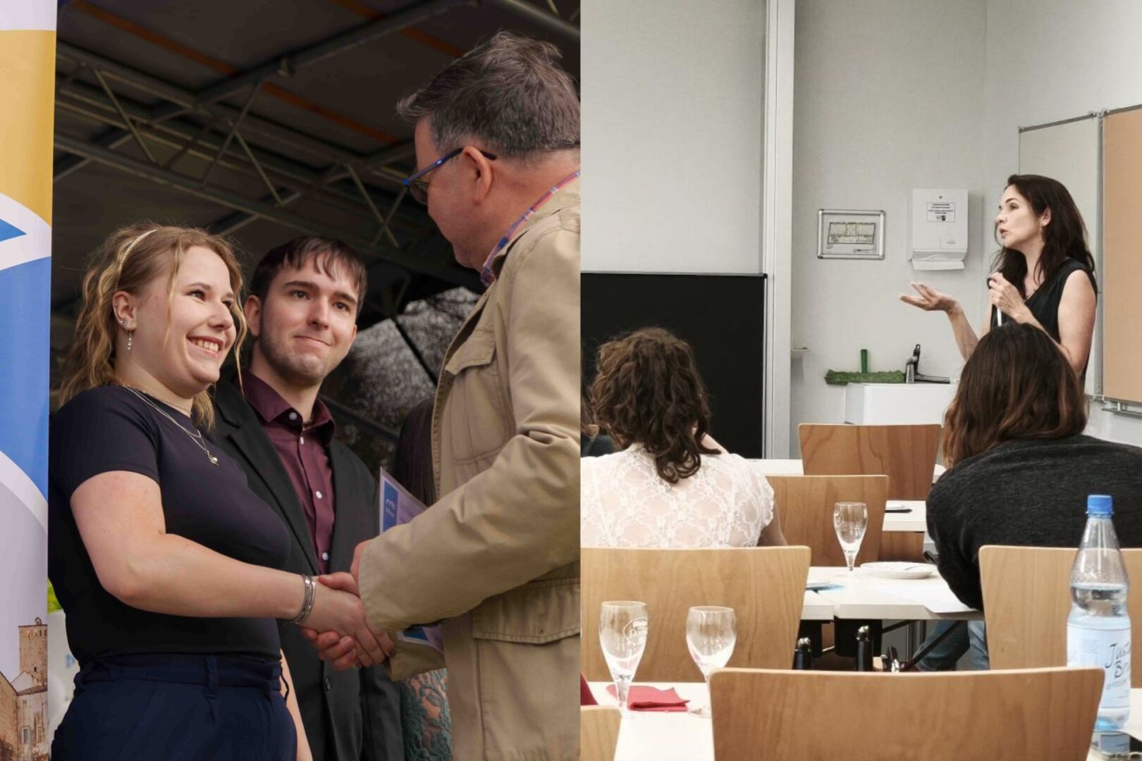 Split-image collage: on the left, a young woman shaking hands with a university representative while receiving a certificate, with a young man standing beside her; on the right, a woman speaking to a small seated audience in a classroom-style setting with a whiteboard behind her.