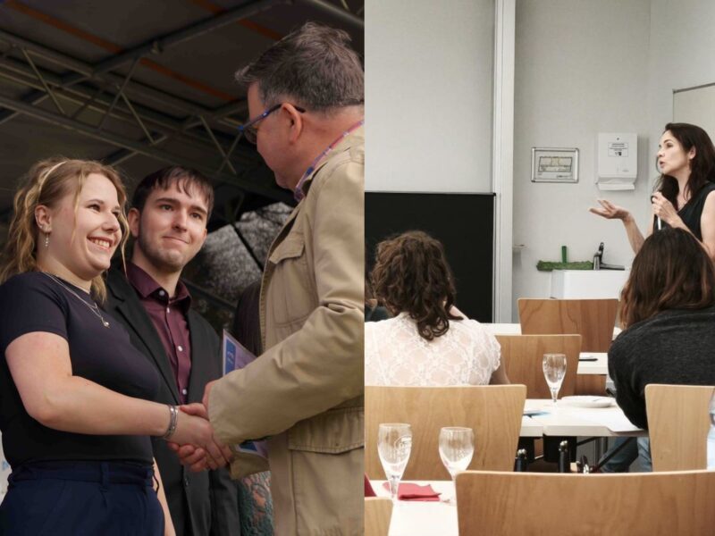 Split-image collage: on the left, a young woman shaking hands with a university representative while receiving a certificate, with a young man standing beside her; on the right, a woman speaking to a small seated audience in a classroom-style setting with a whiteboard behind her.