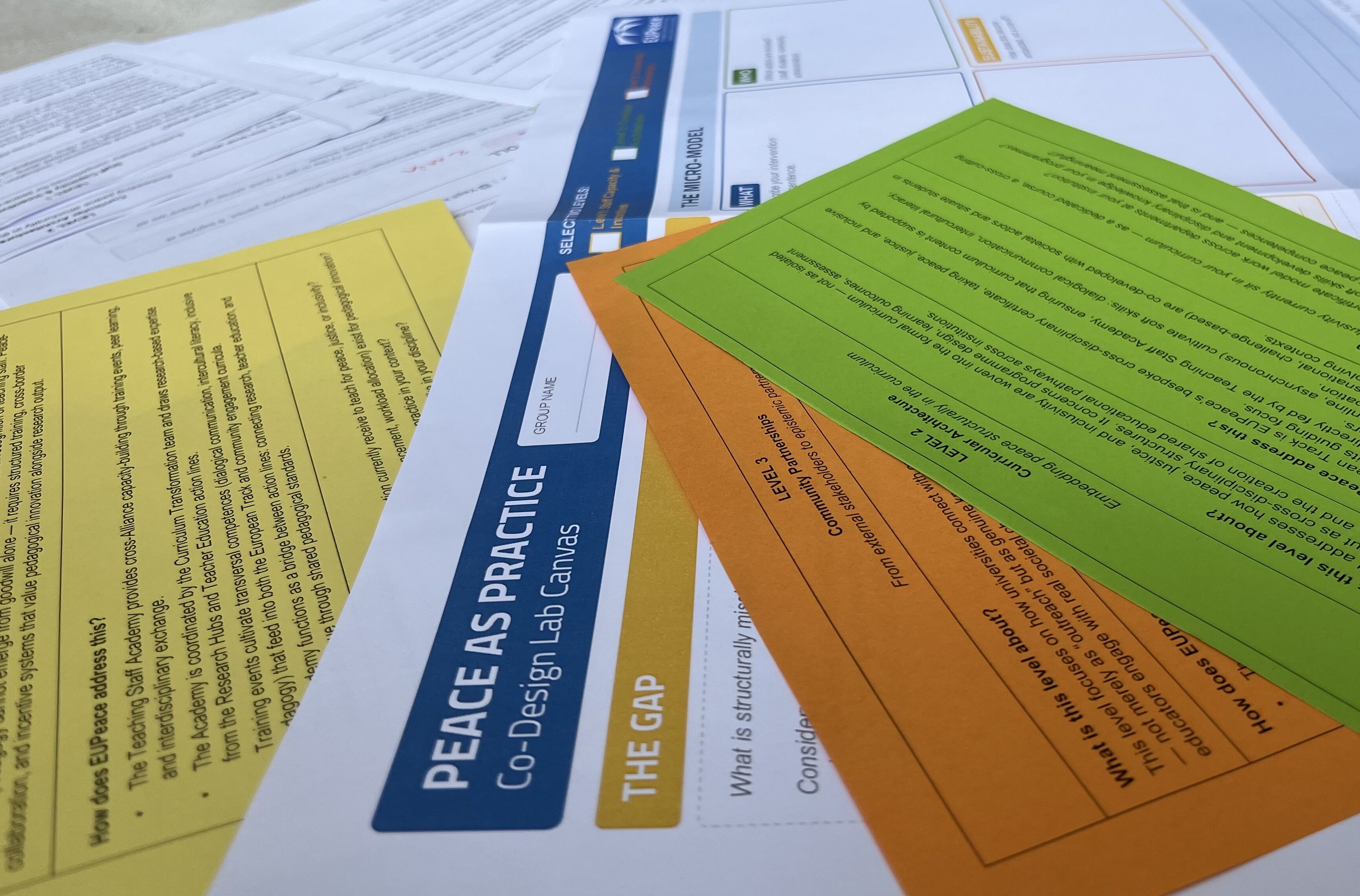 Colourful printed workshop materials spread on a table, including a “Peace as Practice Co-Design Lab Canvas” and green, orange and yellow prompt cards describing EUPeace curriculum and partnership levels.