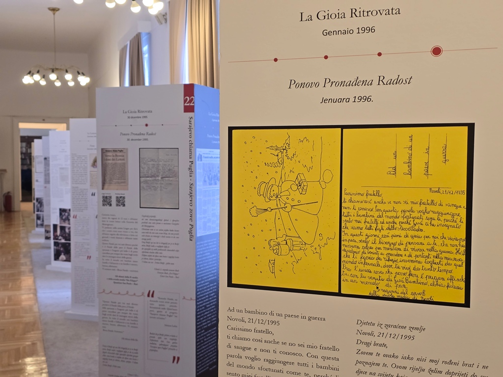 A row of information pillars from the exhibition with images and texts.