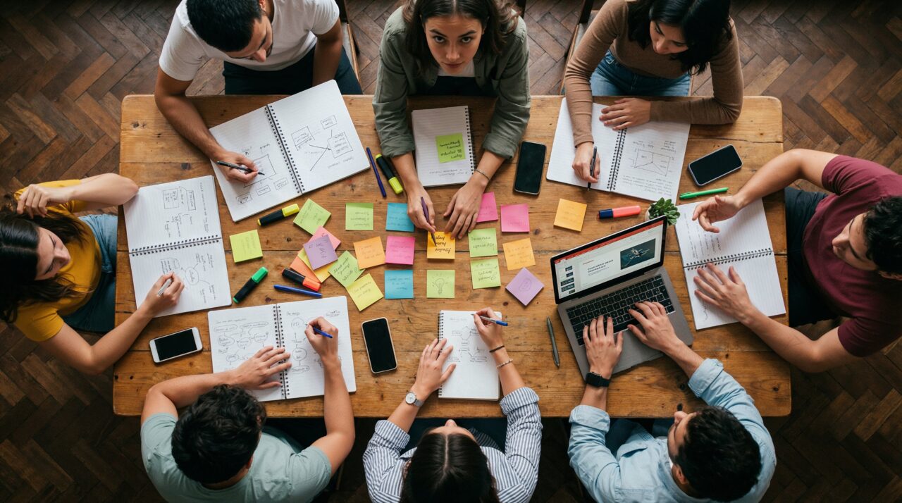 Overhead view of a group of people collaborating around a wooden table covered in notebooks, sticky notes, and a laptop.