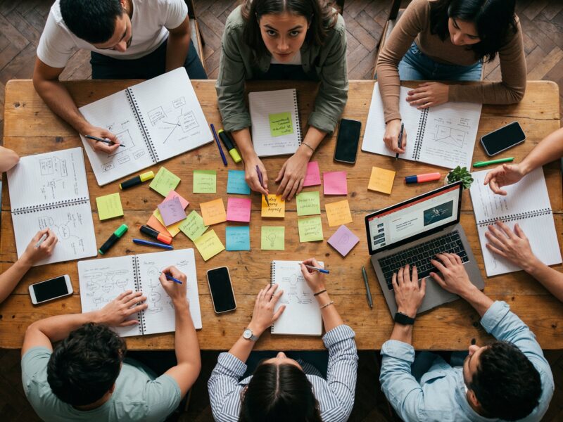 Overhead view of a group of people collaborating around a wooden table covered in notebooks, sticky notes, and a laptop.