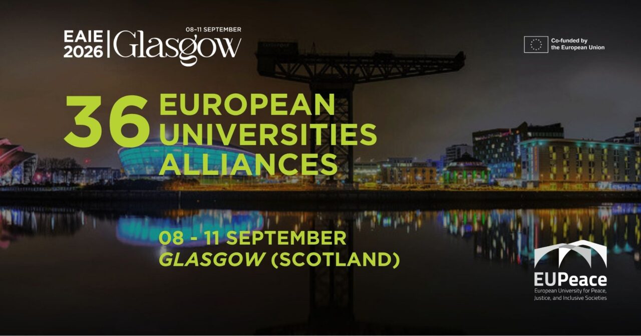 Promotional graphic for EAIE 2026 Glasgow, reading "36 European Universities Alliances, 08–11 September, Glasgow (Scotland)", with the EUPeace logo and a night-time view of the Glasgow skyline and river in the background.