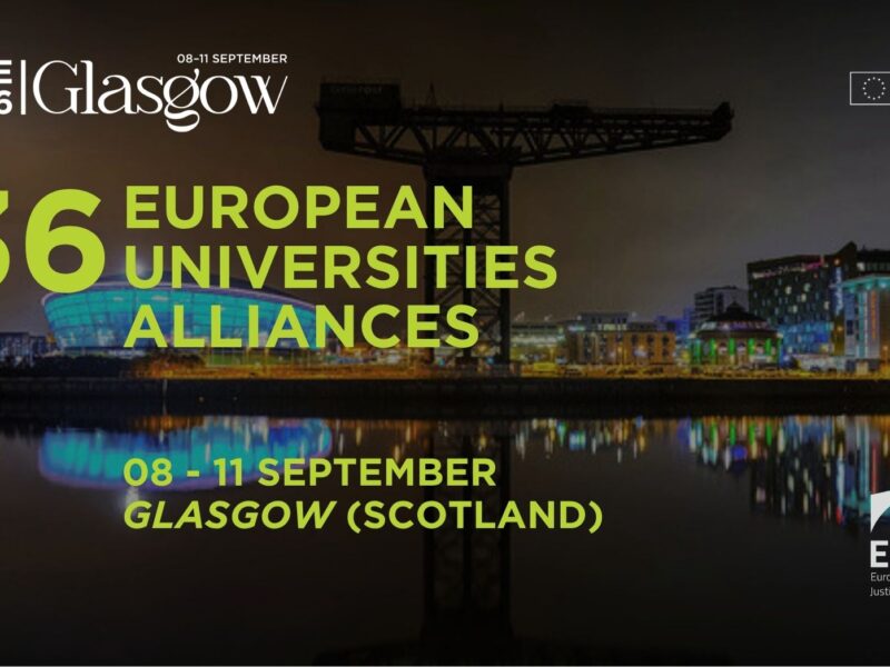 Promotional graphic for EAIE 2026 Glasgow, reading "36 European Universities Alliances, 08–11 September, Glasgow (Scotland)", with the EUPeace logo and a night-time view of the Glasgow skyline and river in the background.