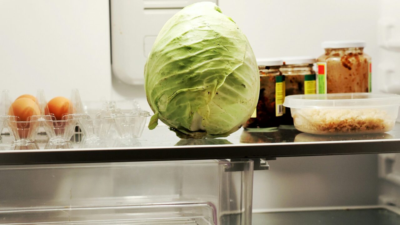 View into an open, sparsely stocked fridge. On a glass shelf sit a single head of green cabbage, an egg tray holding only two eggs, a few jars of preserved food and a plastic container of rice. The drawer beneath the shelf is empty.