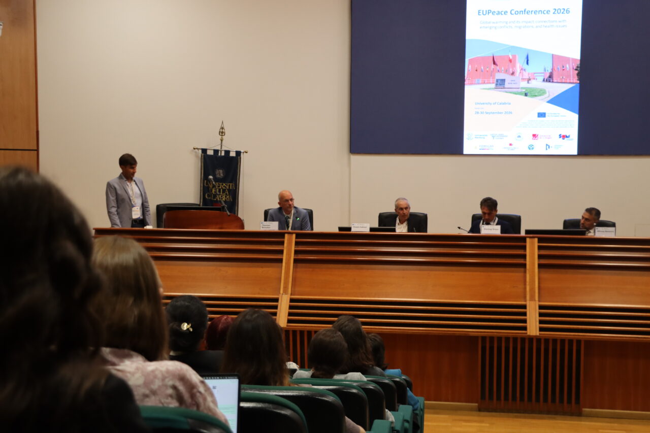 Rector Gianluigi Greco addressing attendees during the opening session of the EUPeace conference at UniCal.