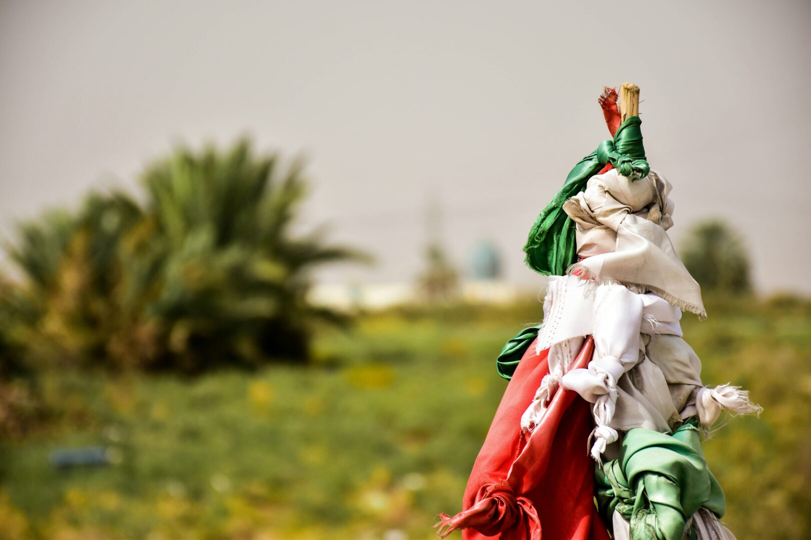 Strips of red, white and green cloth knotted and tied around the top of a wooden pole, with blurred palm trees and a grassy field in the background under a hazy sky.