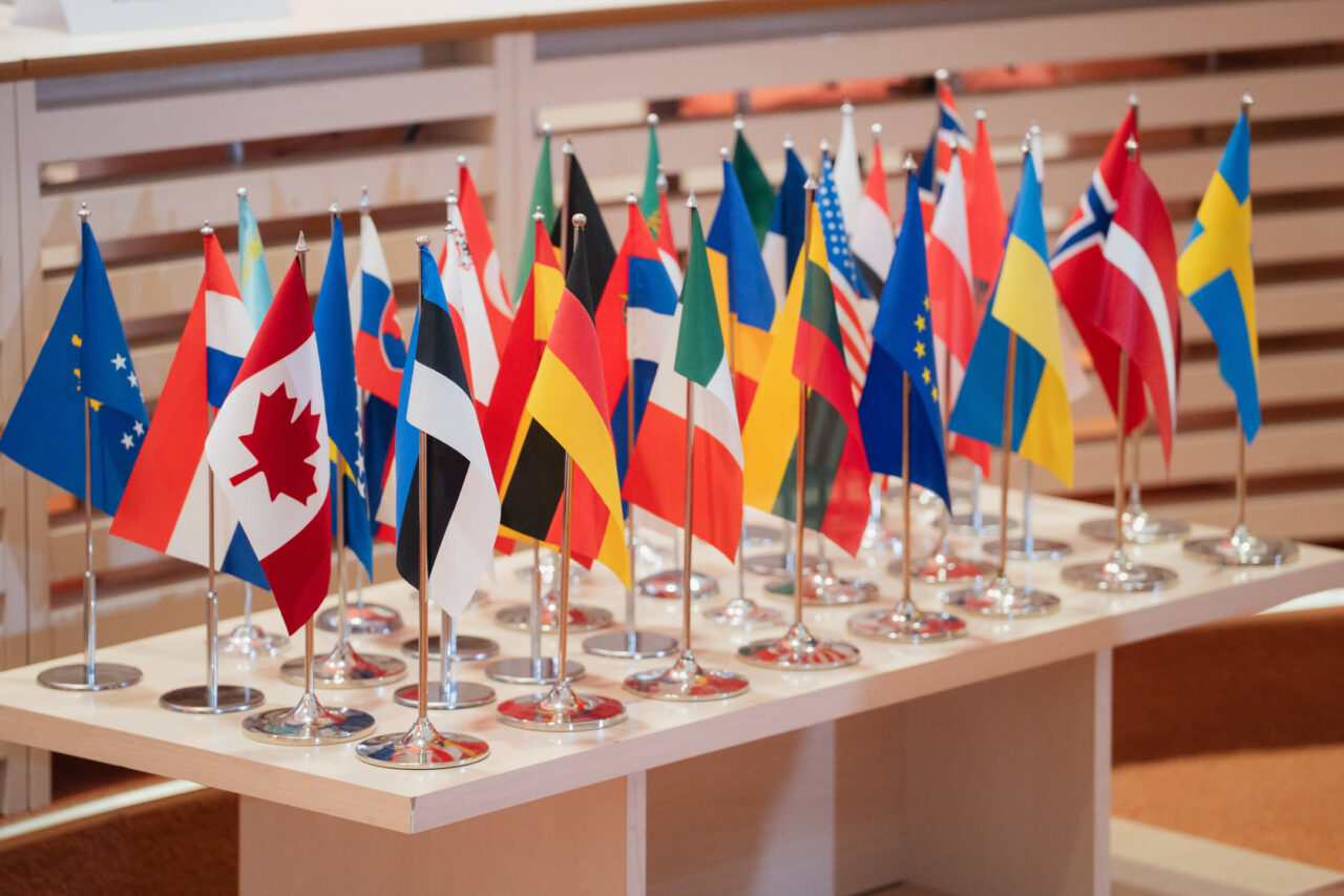 National flags and the European Union flag displayed on a table at the Magna Charta gathering in Vilnius.