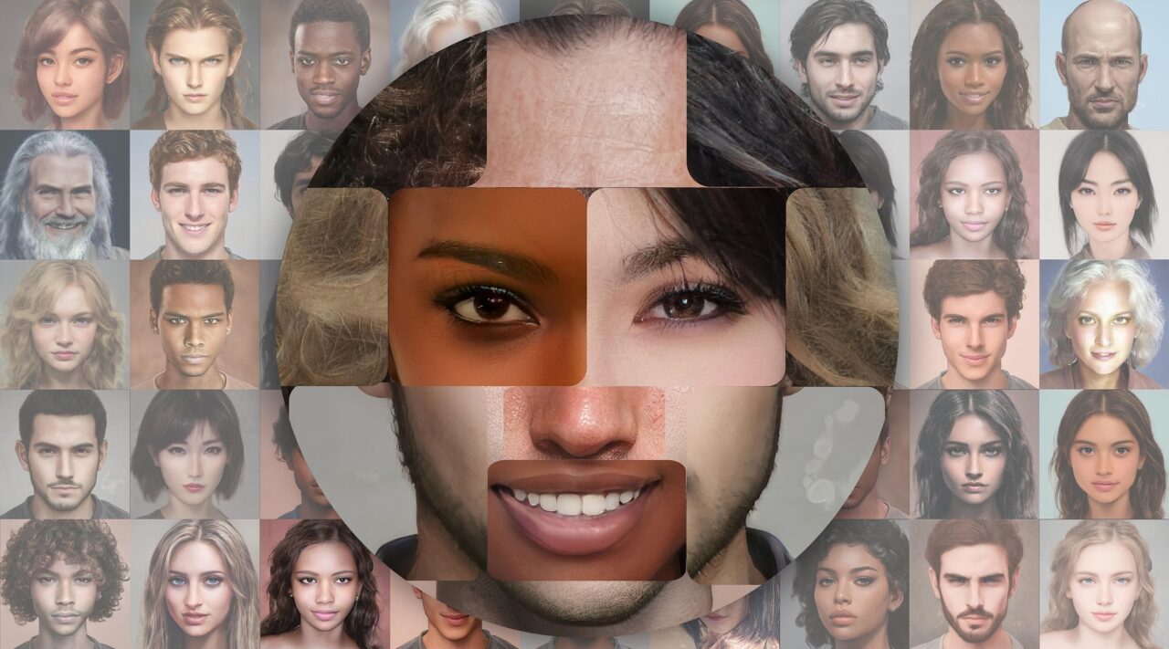A grid of faded portraits showing people of different ages, genders and backgrounds. In the centre, a large circle shows a single composite face assembled from rectangular sections of different faces, with forehead, eyes, nose and mouth taken from people with different skin tones and features.