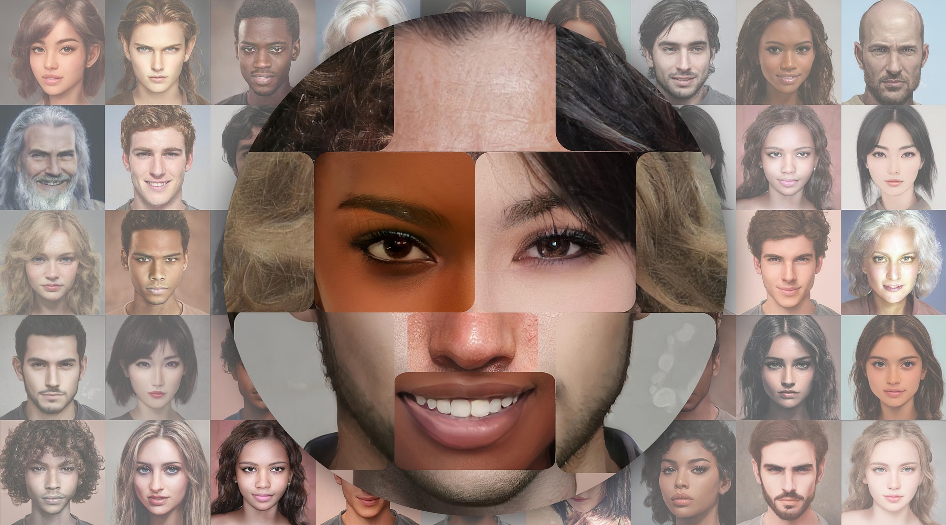 A grid of faded portraits showing people of different ages, genders and backgrounds. In the centre, a large circle shows a single composite face assembled from rectangular sections of different faces, with forehead, eyes, nose and mouth taken from people with different skin tones and features.
