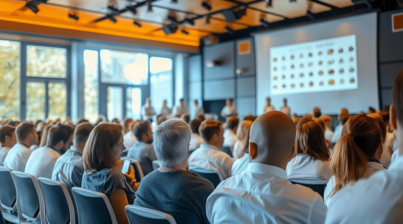 An audience of a conference photographed from behind, listening to the presenters at the front. An image is projected onto a large screen.