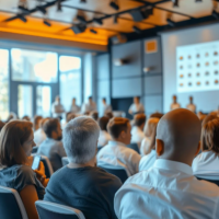 An audience of a conference photographed from behind, listening to the presenters at the front. An image is projected onto a large screen.