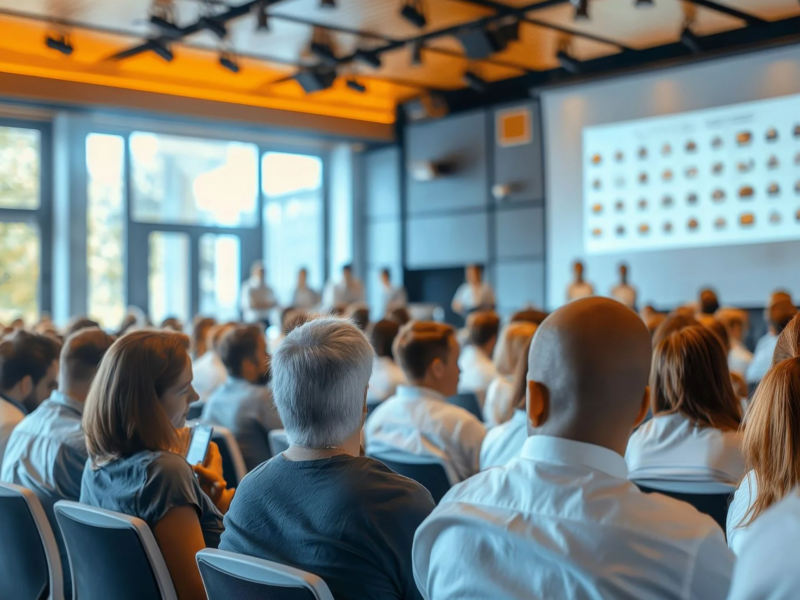 An audience of a conference photographed from behind, listening to the presenters at the front. An image is projected onto a large screen.